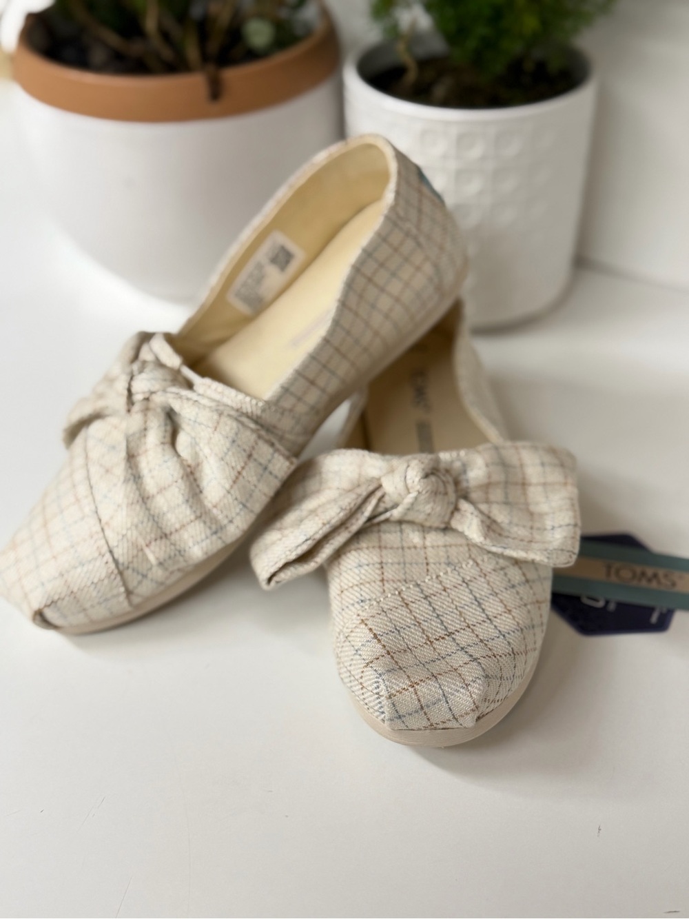 TOMS Cream Plaid Knot-Front Slip-On Flats